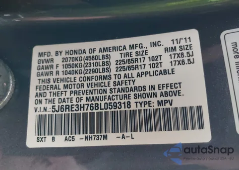 2011 Honda Cr-V Ex-L из США, поврежденный, VIN 5J6RE3H76BL059318